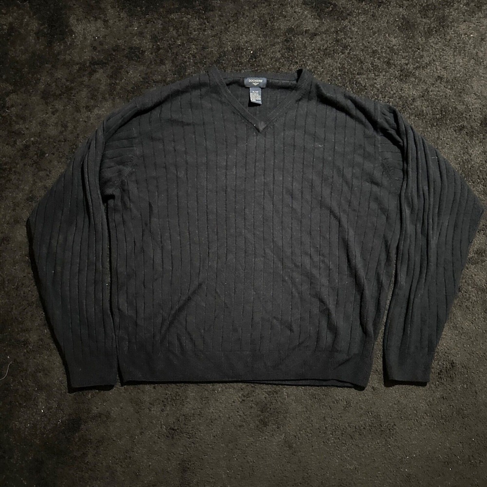 Dockers Sweater Mens Extra Large XL V-Neck Black Ribbed Knit Acrylic Pullover